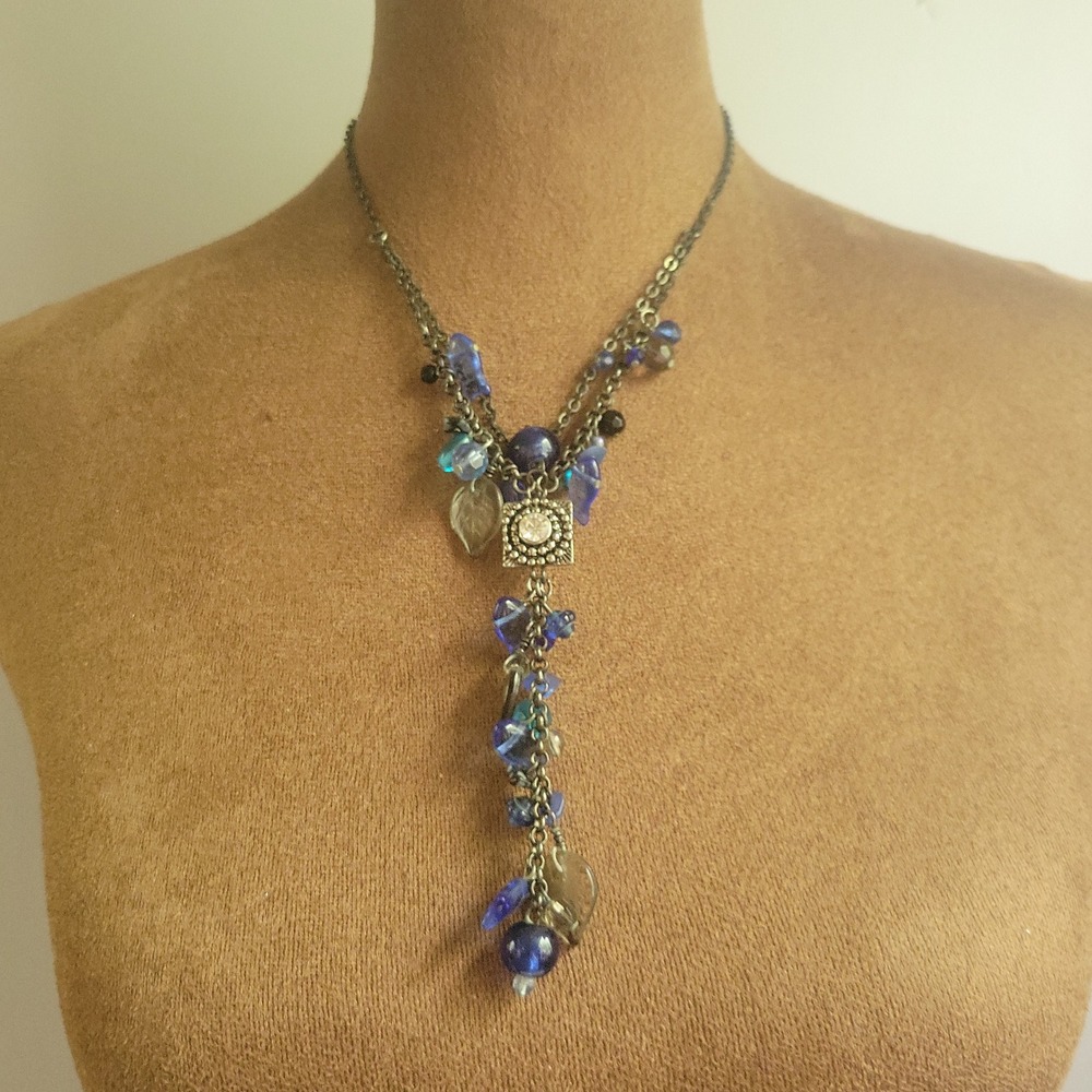 Blue Beaded Layered Drop Necklace Silver Tone Mixed Charms Adjustable Whimsigoth